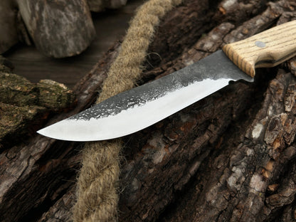 Hand-Forged Bushcraft Knife with 12 cm carbon steel blade and ash wood handle by Sharky Forged Steel Tools