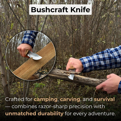 Hand-forged bushcraft knife with 12 cm carbon steel blade and ash wood handle by Sharky Forged Steel Tools
