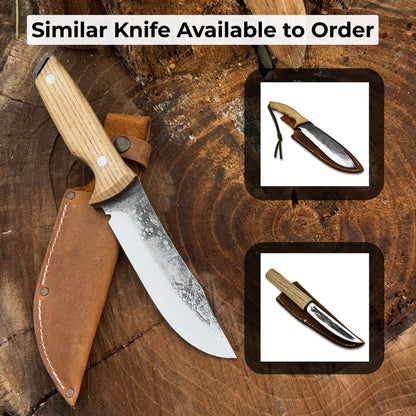 Hand-forged bushcraft knife with 12 cm carbon steel blade and ash wood handle by Sharky Forged Steel Tools
