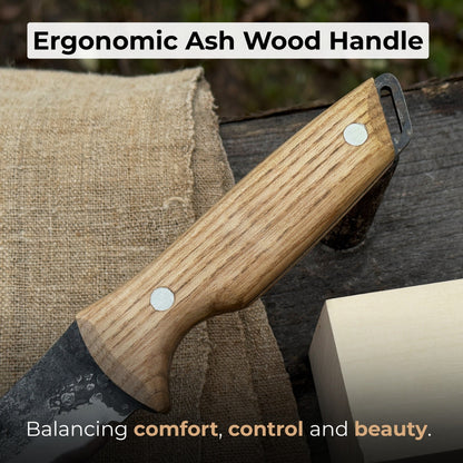 Hand-forged bushcraft knife with 12 cm carbon steel blade and ash wood handle by Sharky Forged Steel Tools