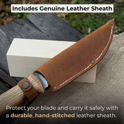 Hand-forged bushcraft knife with 12 cm carbon steel blade and ash wood handle by Sharky Forged Steel Tools