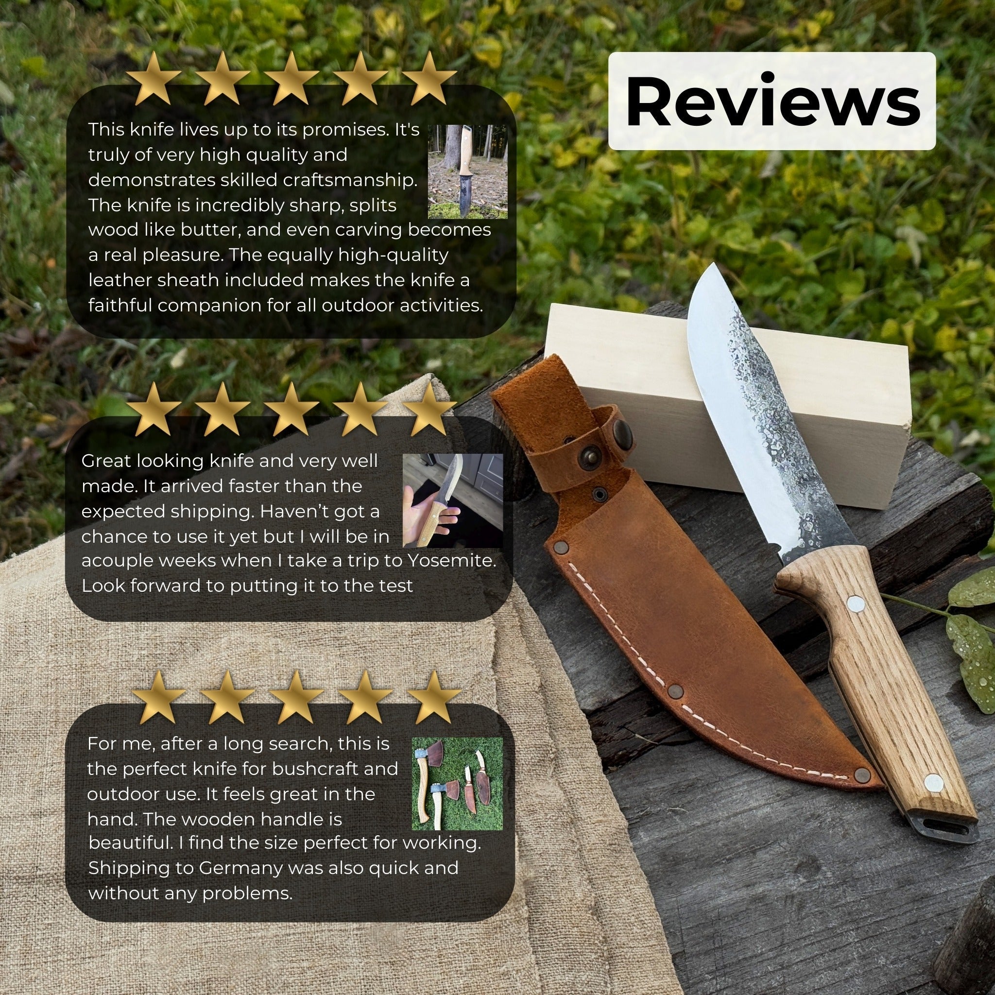 Hand-forged bushcraft knife with 12 cm carbon steel blade and ash wood handle by Sharky Forged Steel Tools