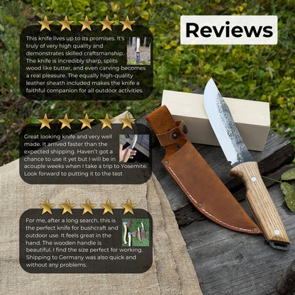 Hand-forged bushcraft knife with 12 cm carbon steel blade and ash wood handle by Sharky Forged Steel Tools