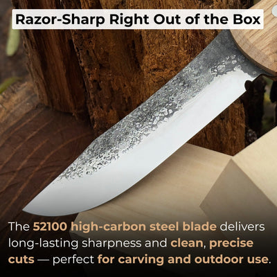 Hand-forged bushcraft knife with 12 cm carbon steel blade and ash wood handle by Sharky Forged Steel Tools