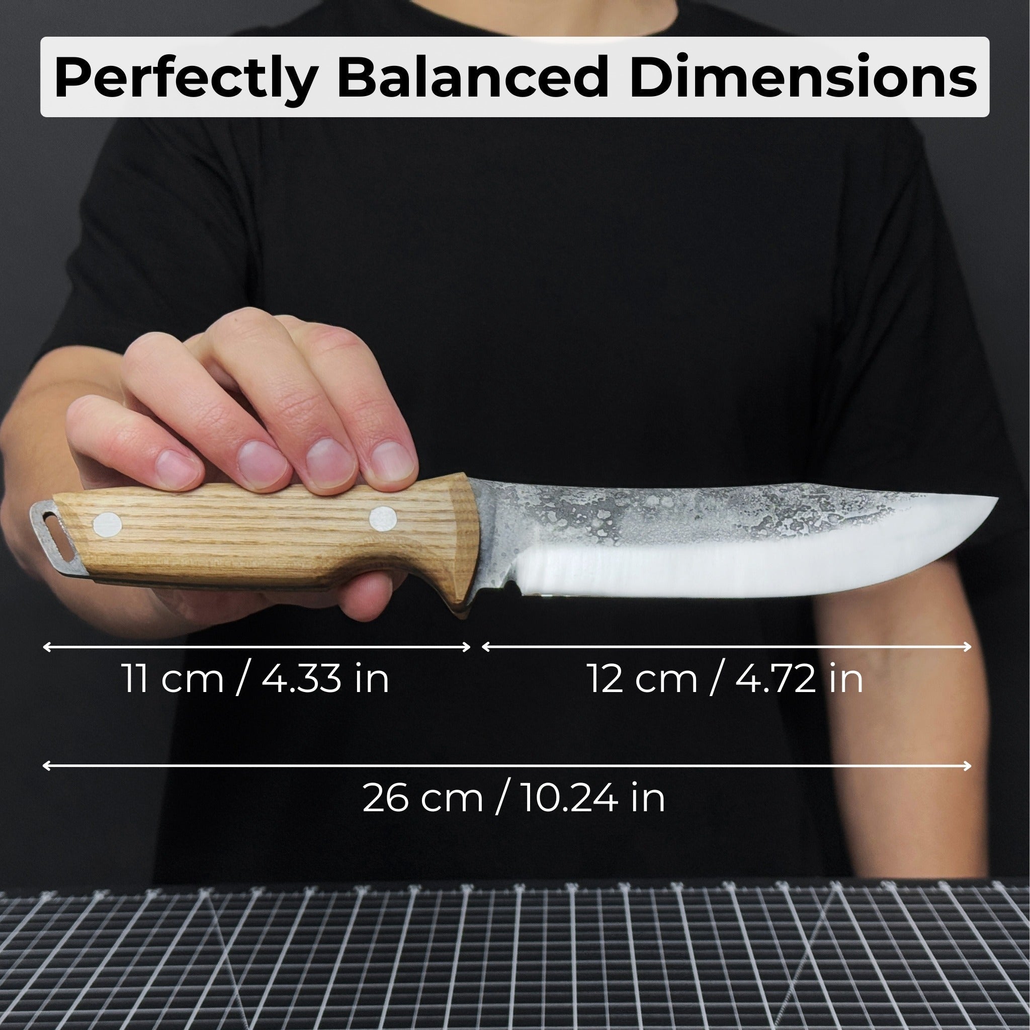 Hand-forged bushcraft knife with 12 cm carbon steel blade and ash wood handle by Sharky Forged Steel Tools