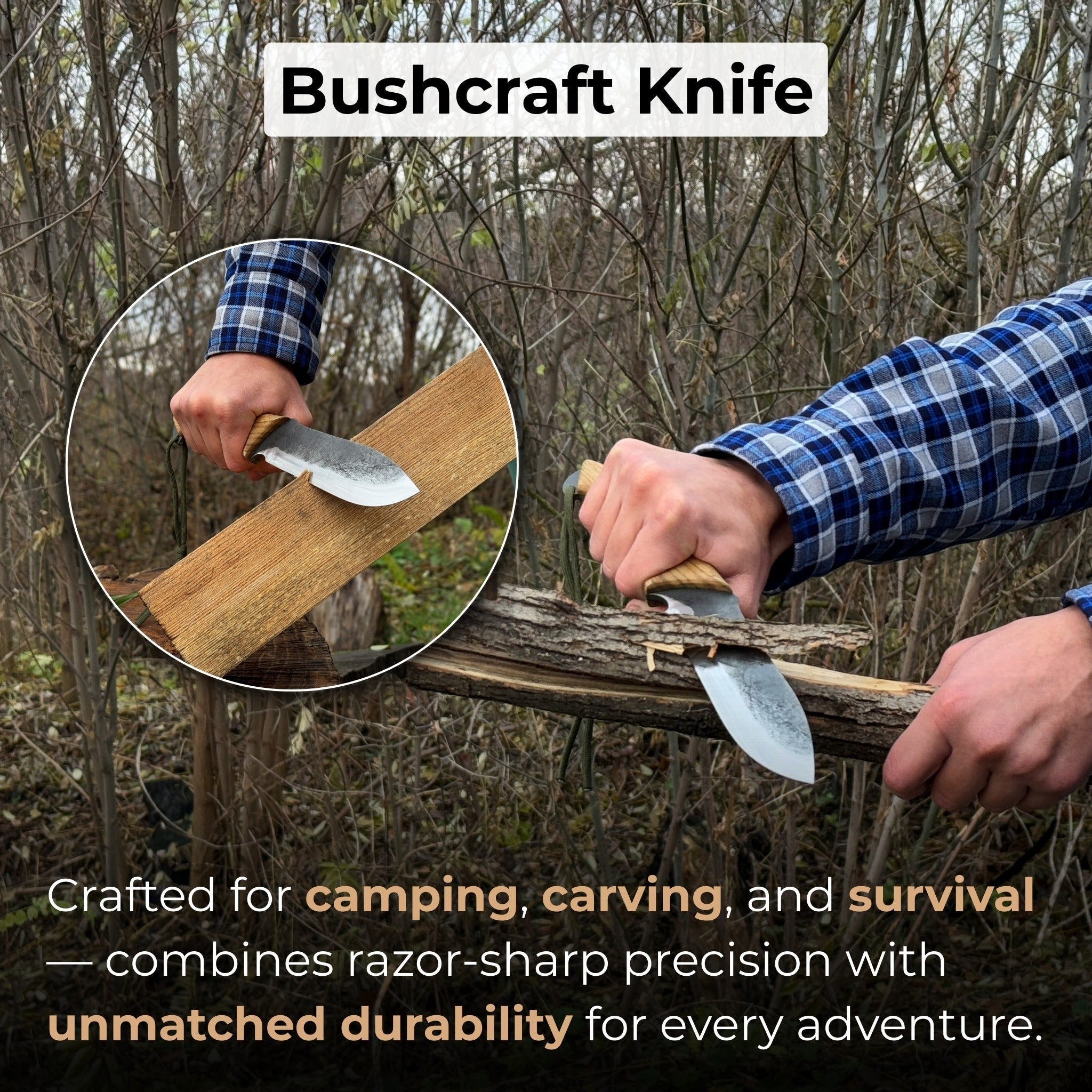 Hand-forged bushcraft knife with carbon steel blade and ash wood handle