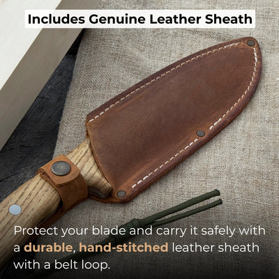 Hand-forged bushcraft knife with carbon steel blade and ash wood handle