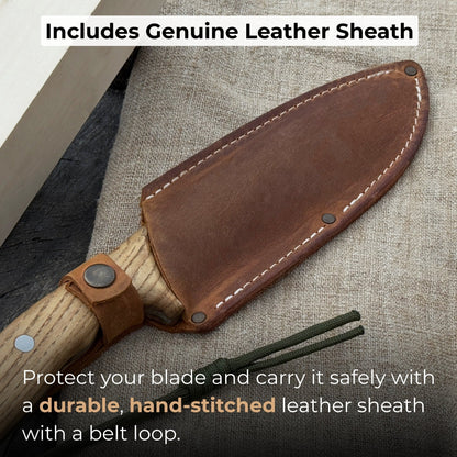 Hand-forged bushcraft knife with carbon steel blade and ash wood handle