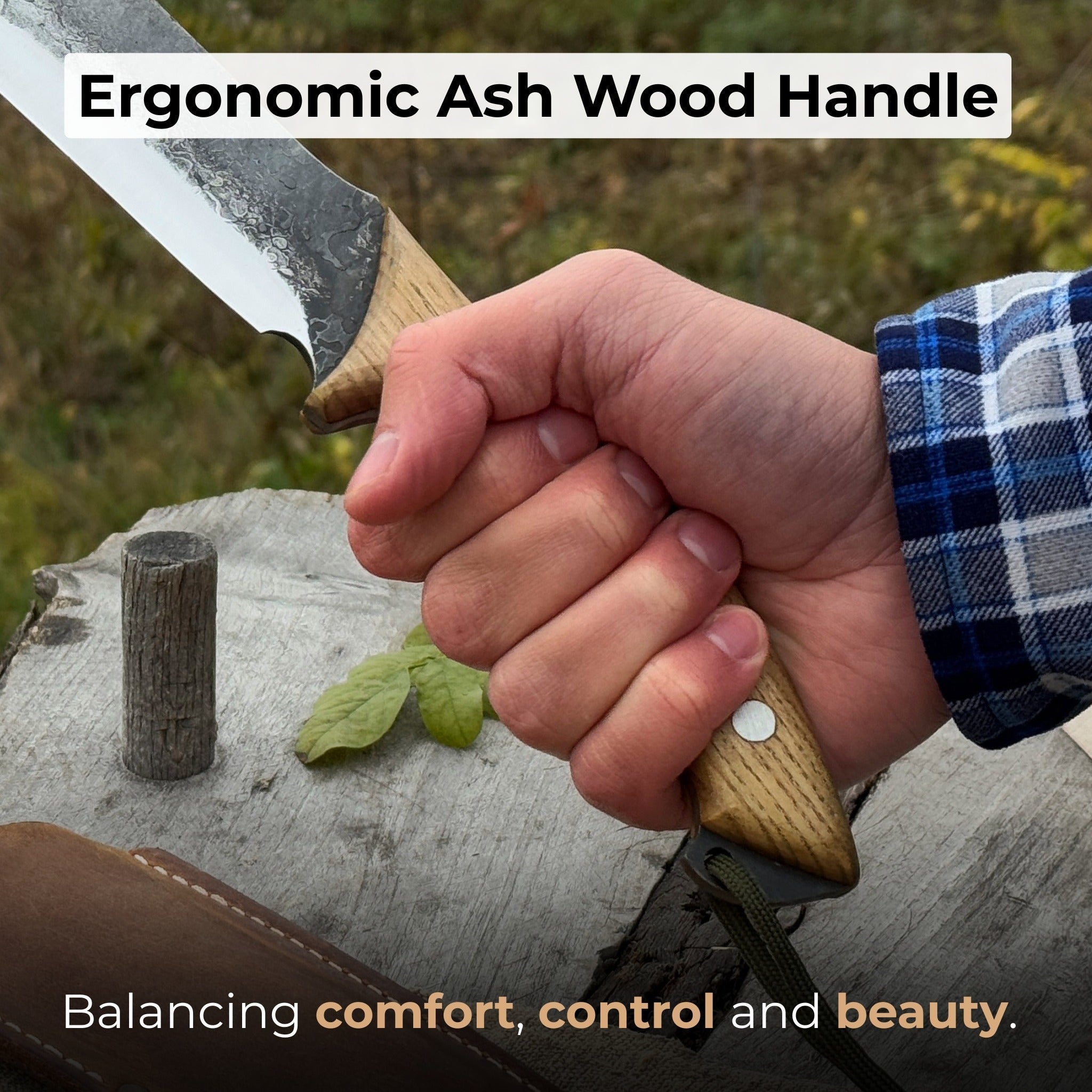 Hand-forged bushcraft knife with carbon steel blade and ash wood handle