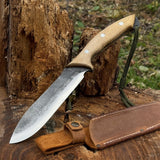 Hand-forged bushcraft knife with carbon steel blade and ash wood handle