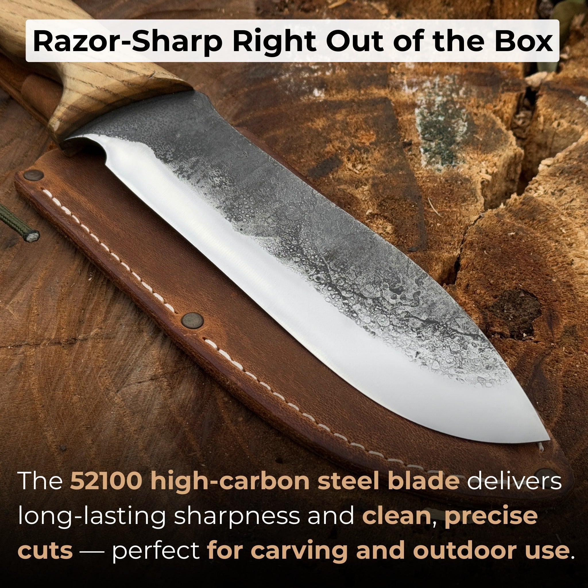 Hand-forged bushcraft knife with carbon steel blade and ash wood handle