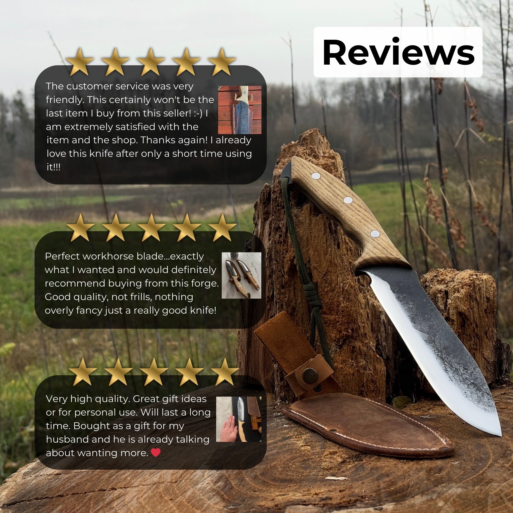 Hand-forged bushcraft knife with carbon steel blade and ash wood handle