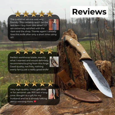 Hand-forged bushcraft knife with carbon steel blade and ash wood handle