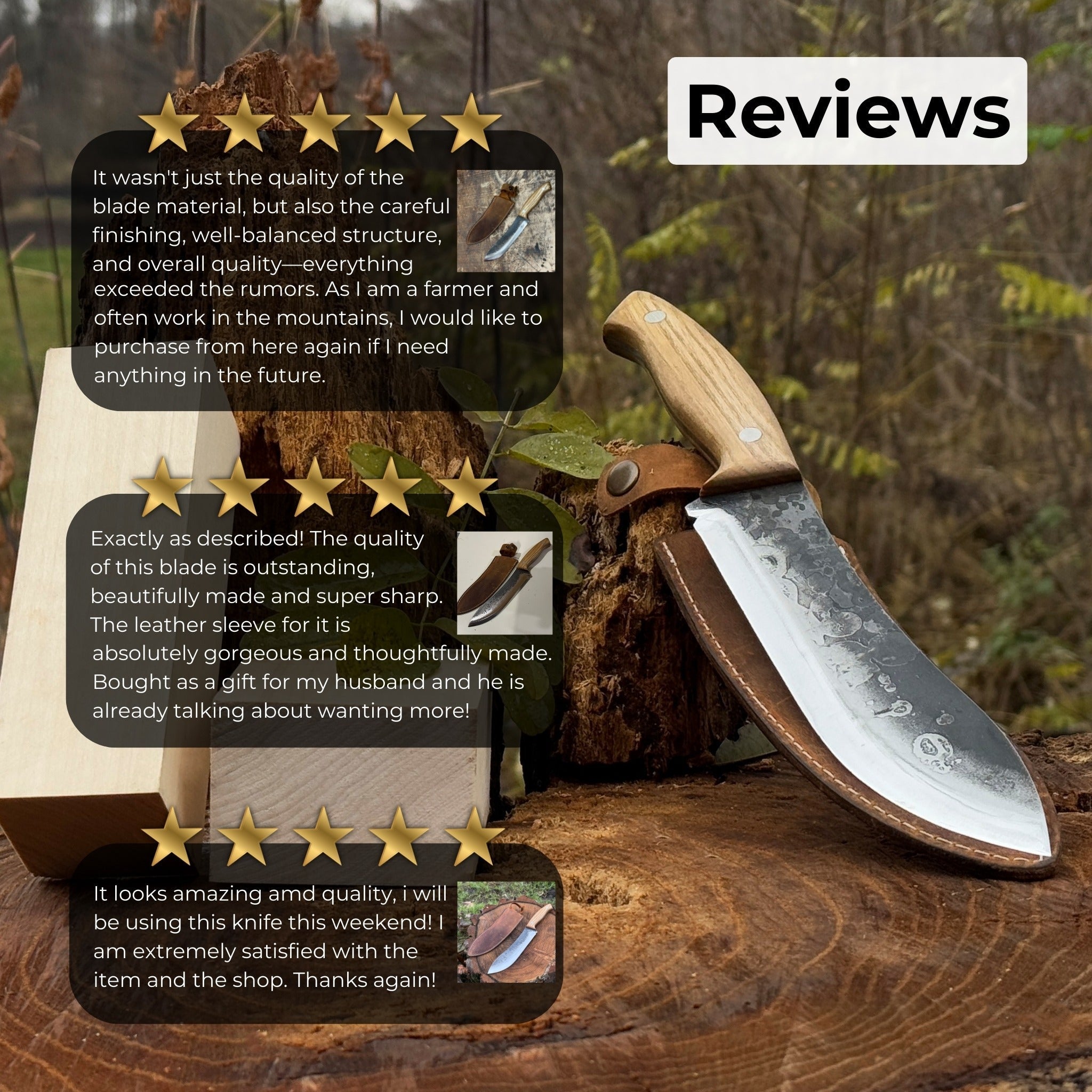 Hand-forged bushcraft knife with 17 cm carbon steel blade and ash wood handle, accompanied by leather sheath
