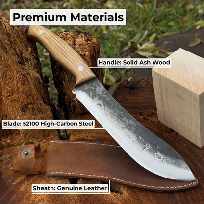 Hand-forged bushcraft knife with 17 cm carbon steel blade and ash wood handle, accompanied by leather sheath
