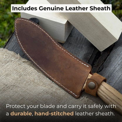 Hand-forged bushcraft knife with 17 cm carbon steel blade and ash wood handle, accompanied by leather sheath