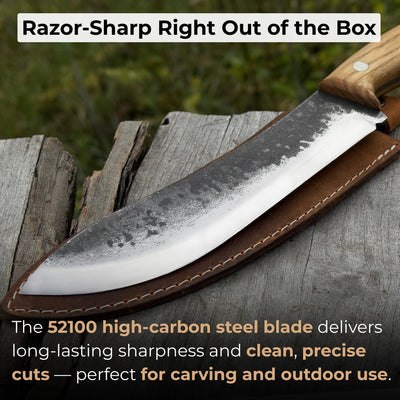 Hand-forged bushcraft knife with 17 cm carbon steel blade and ash wood handle, accompanied by leather sheath