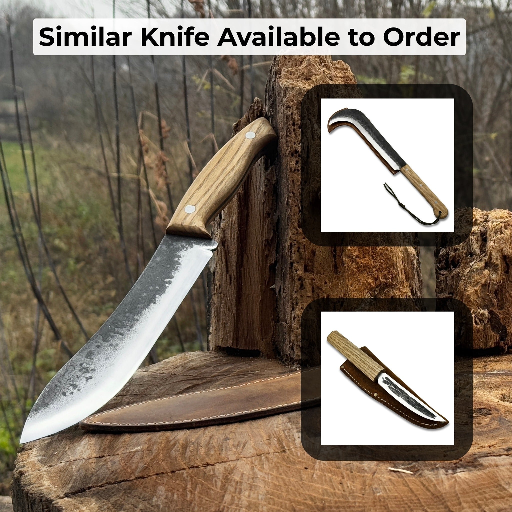 Hand-forged bushcraft knife with 17 cm carbon steel blade and ash wood handle, accompanied by leather sheath