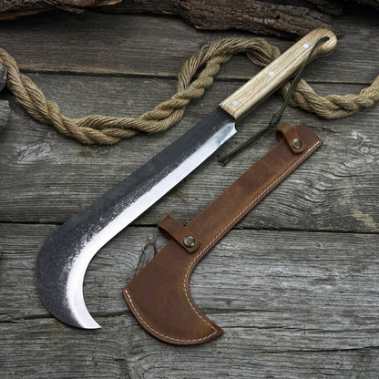 Hand-forged bushcraft knife with carbon steel blade and ash wood handle by Sharky Forged Steel Tools