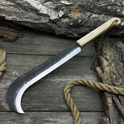 Hand-forged bushcraft knife with carbon steel blade and ash wood handle by Sharky Forged Steel Tools