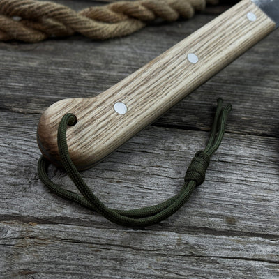 Hand-forged bushcraft knife with carbon steel blade and ash wood handle by Sharky Forged Steel Tools