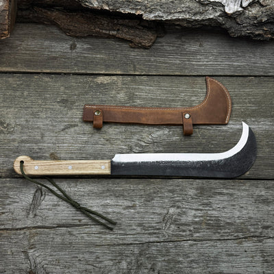 Hand-forged bushcraft knife with carbon steel blade and ash wood handle by Sharky Forged Steel Tools