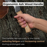 Hand-forged camping chopping axe with ash wood handle and leather sheath