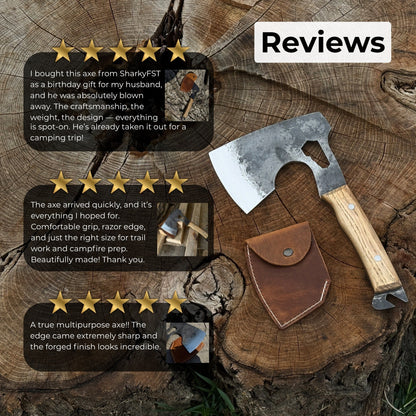 Hand-forged camping chopping axe with ash wood handle and leather sheath