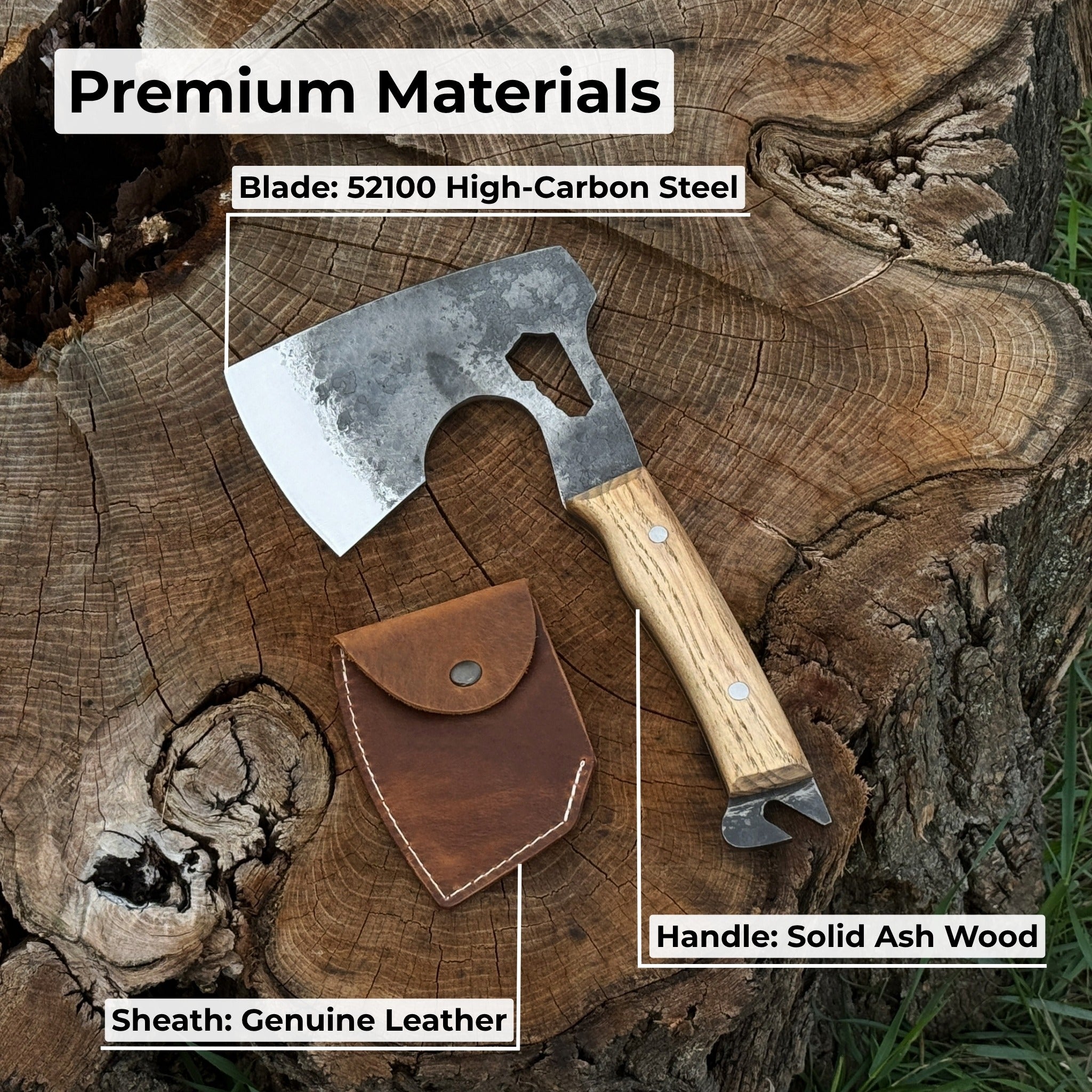 Hand-forged camping chopping axe with ash wood handle and leather sheath