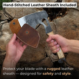 Hand-forged camping chopping axe with ash wood handle and leather sheath