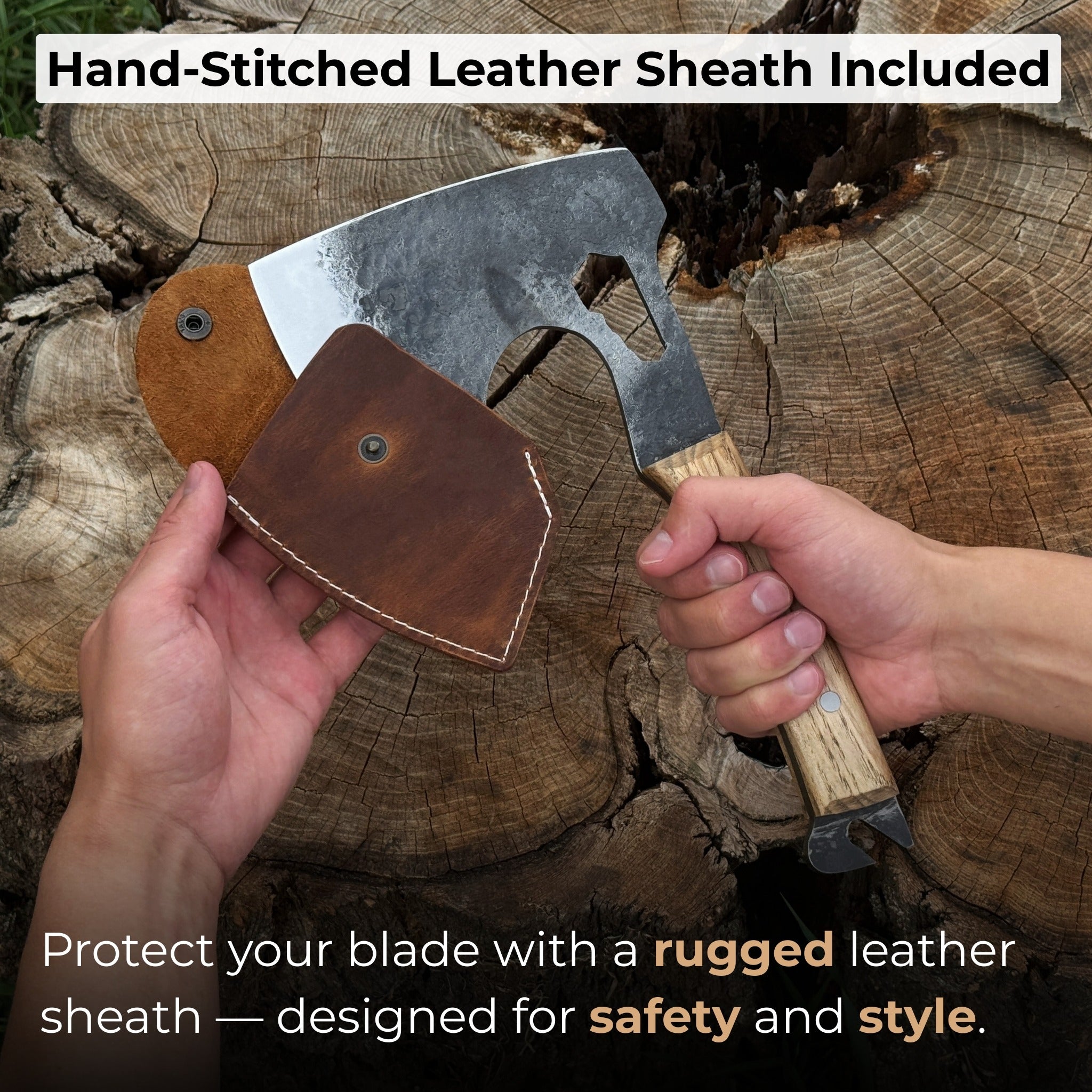 Hand-forged camping chopping axe with ash wood handle and leather sheath