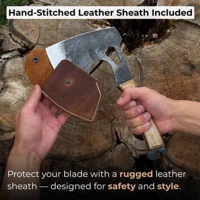 Hand-forged camping chopping axe with ash wood handle and leather sheath