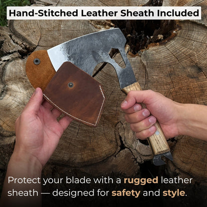 Hand-forged camping chopping axe with ash wood handle and leather sheath