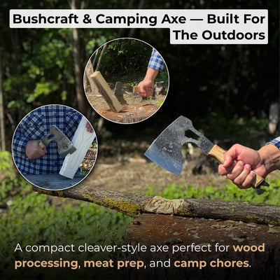 Hand-forged camping chopping axe with ash wood handle and leather sheath