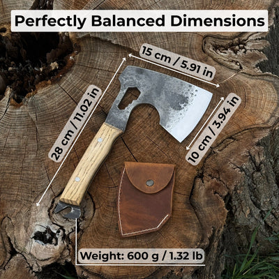 Hand-forged camping chopping axe with ash wood handle and leather sheath