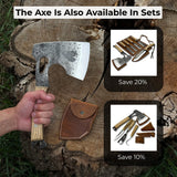 Hand-forged camping chopping axe with ash wood handle and leather sheath