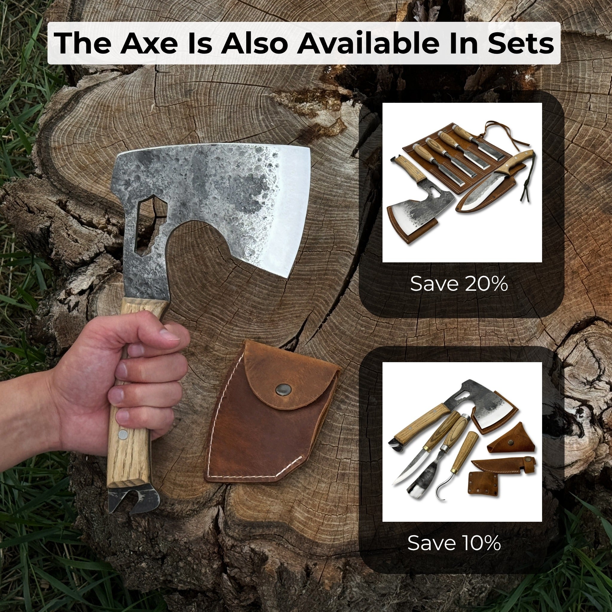 Hand-forged camping chopping axe with ash wood handle and leather sheath