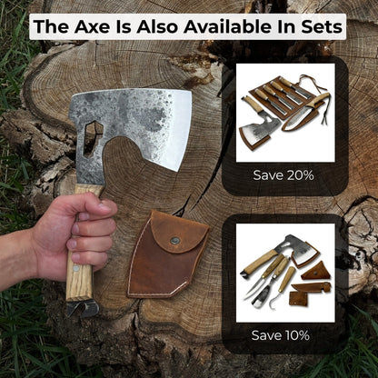 Hand-forged camping chopping axe with ash wood handle and leather sheath