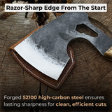 Hand-forged camping chopping axe with ash wood handle and leather sheath