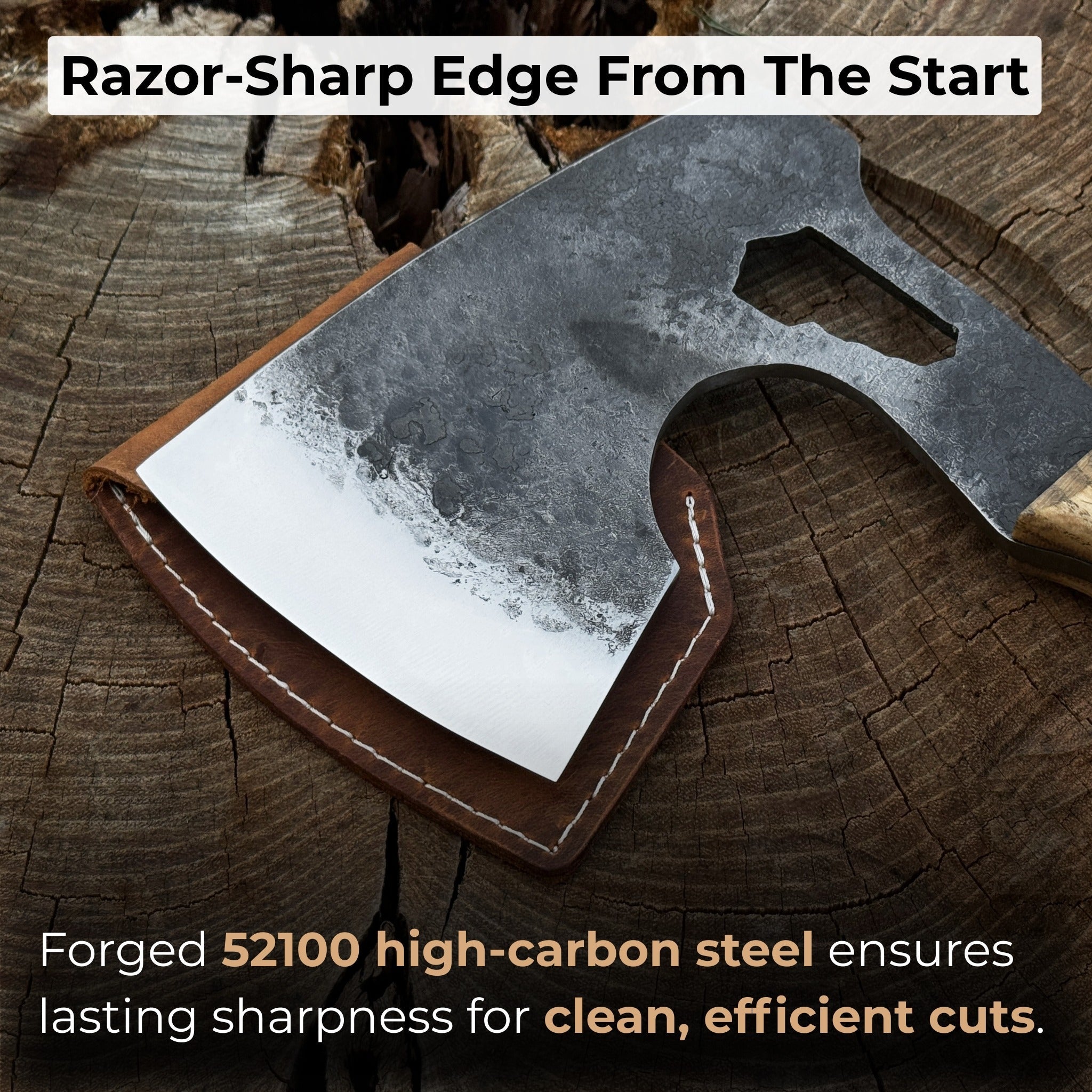 Hand-forged camping chopping axe with ash wood handle and leather sheath