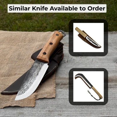 Hand-forged camping knife with 12.5 cm carbon steel blade and ash wood handle, with leather sheath