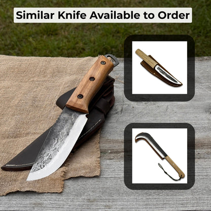 Hand-forged camping knife with 12.5 cm carbon steel blade and ash wood handle, with leather sheath