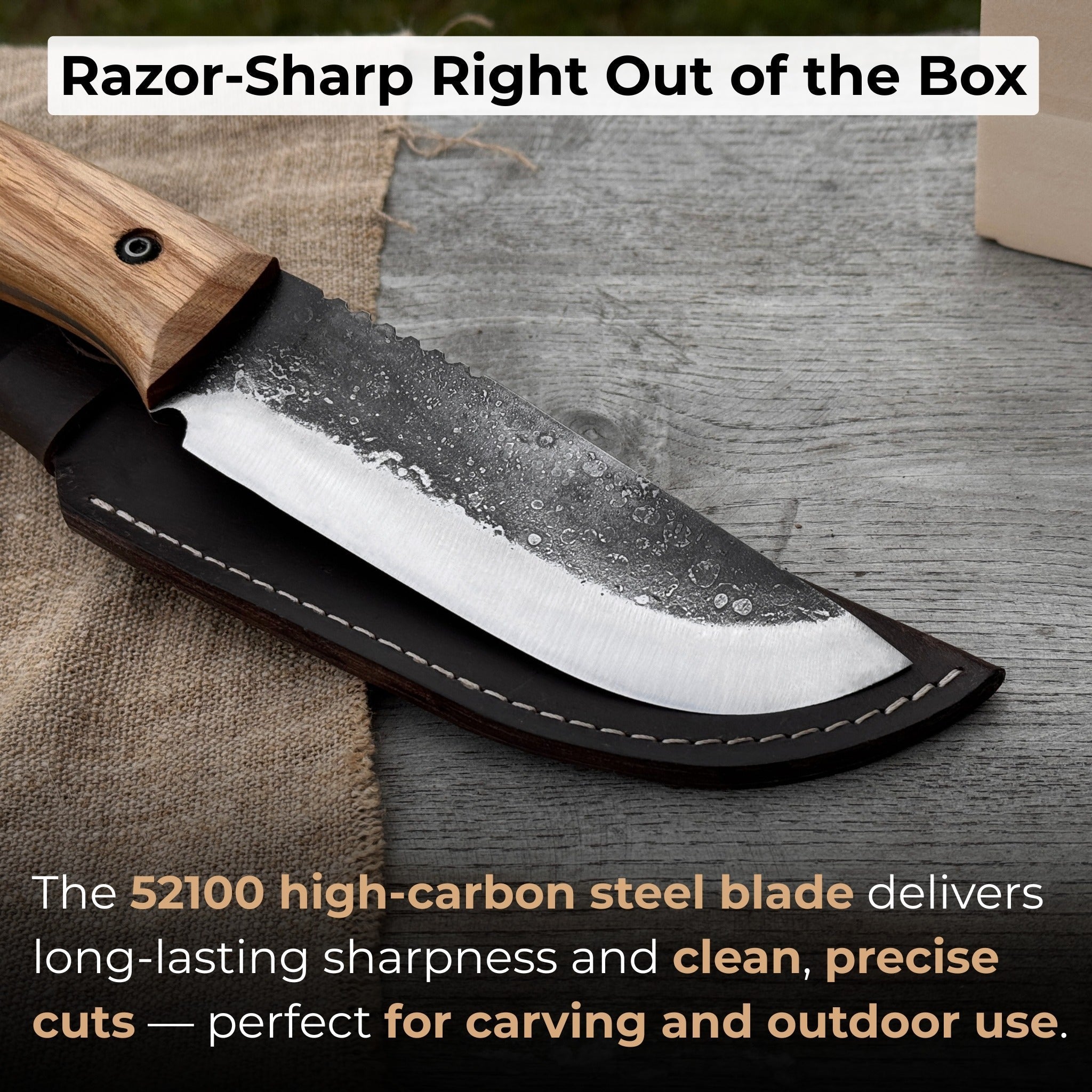 Hand-forged camping knife with 12.5 cm carbon steel blade and ash wood handle, with leather sheath