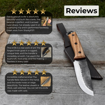 Hand-forged camping knife with 12.5 cm carbon steel blade and ash wood handle, with leather sheath
