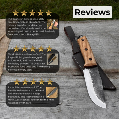 Hand-forged camping knife with 12.5 cm carbon steel blade and ash wood handle, with leather sheath