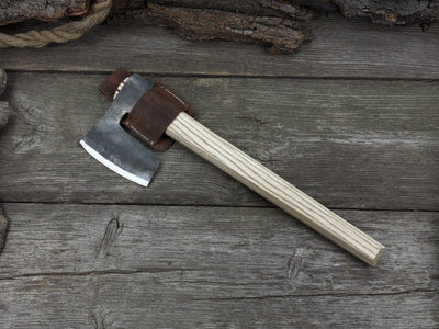 Hand-forged carpenter's axe with belt loop and leather sheath