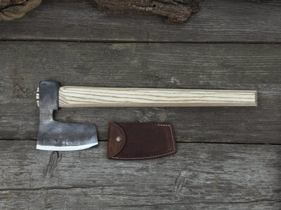 Hand-forged carpenter's axe with belt loop and leather sheath