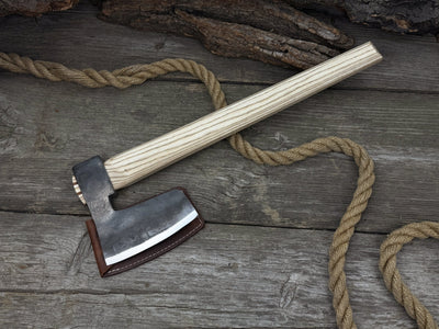 Hand-forged carpenter's axe with belt loop and leather sheath