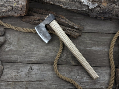 Hand-forged carpenter's axe with belt loop and leather sheath