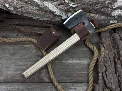 Hand-forged carpenter's axe with belt loop and leather sheath